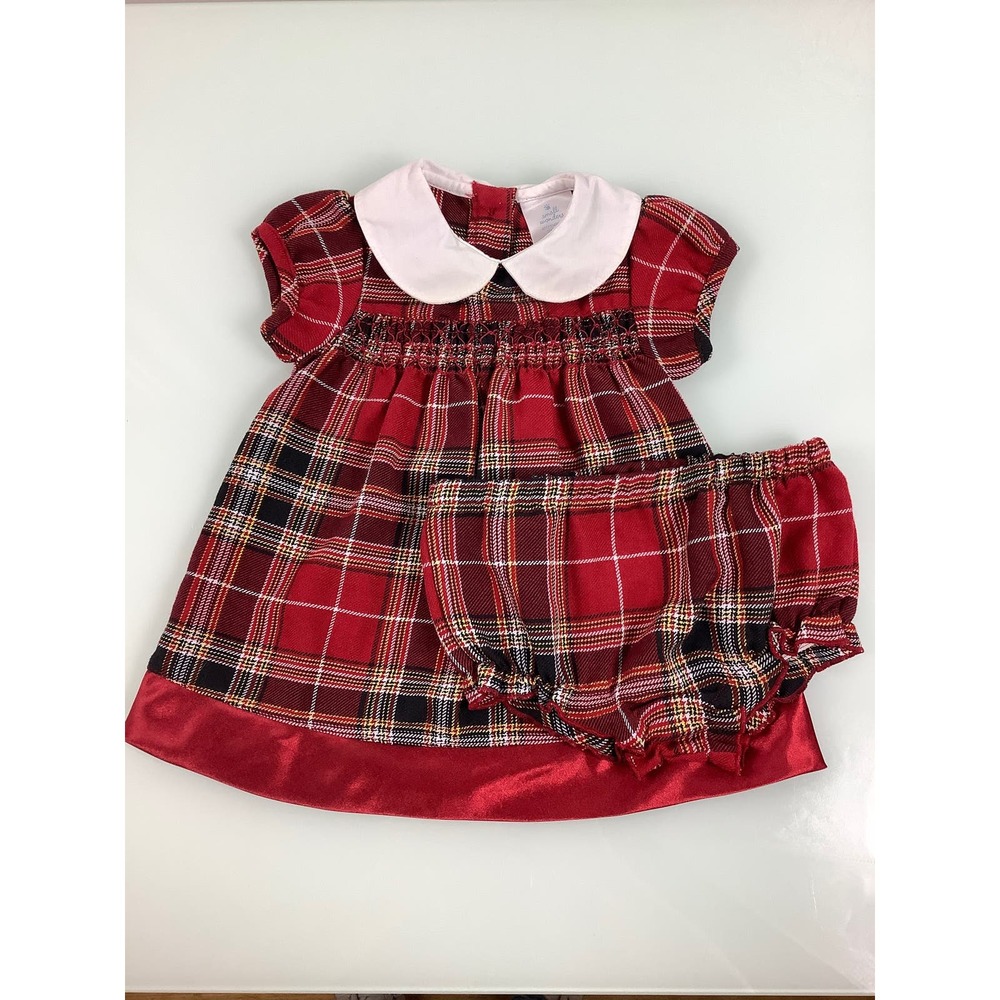 Small Wonders Smocked Peter Pan Collar Plaid dress w diaper cover SZ 6 MO